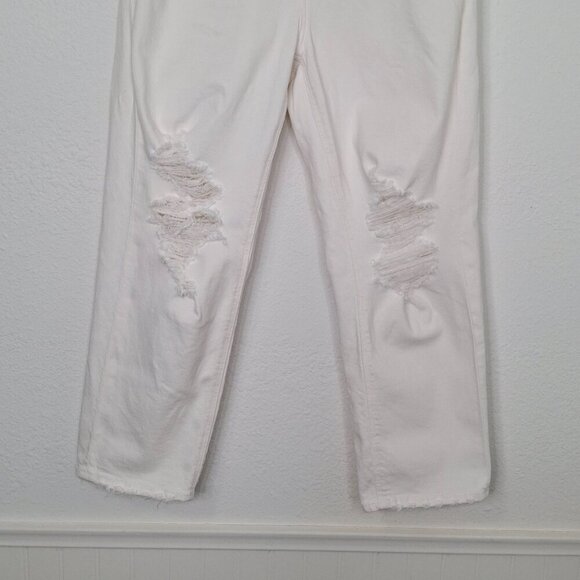 American Eagle Mom Straight Jean Sz 8 X-Short 5 Pocket Distressed Neutral Boho - Picture 6 of 16